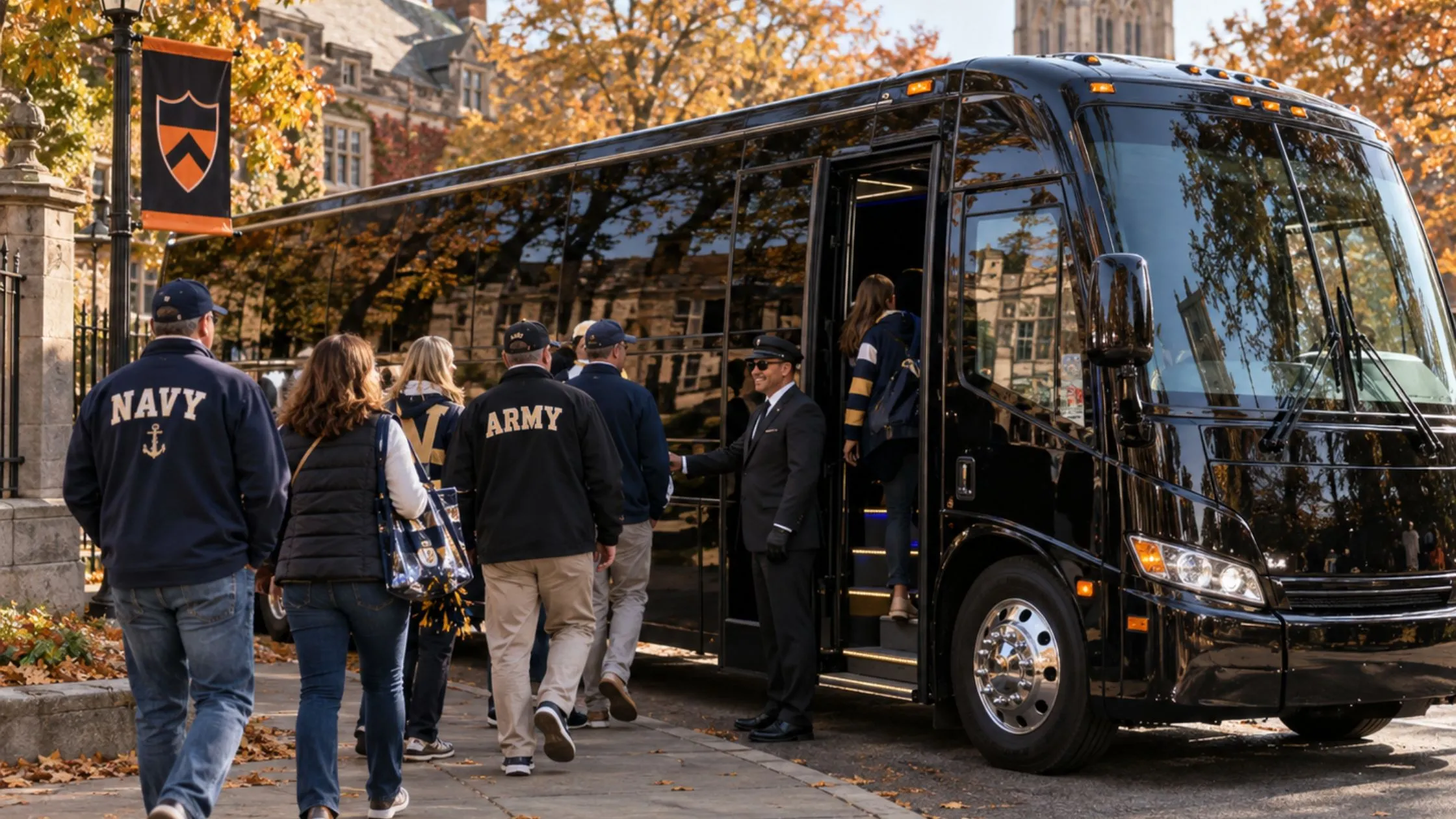 arty bus loading Army-Navy fans in Princeton NJ for MetLife Stadium